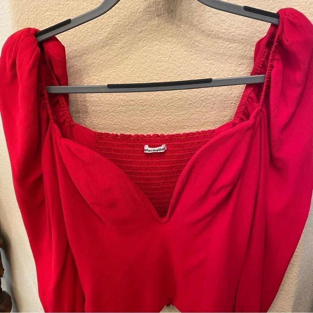 REFORMATION Women Roma Red Plunge Puff Long Sleeve Top Size 4
